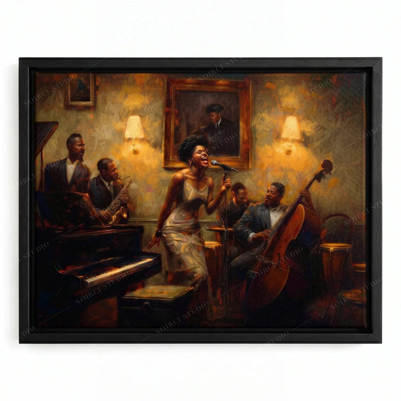 Harlem Renaissance art in a black floating frame, oil painting of a jazz singer at the mic with sax, piano and upright bass
