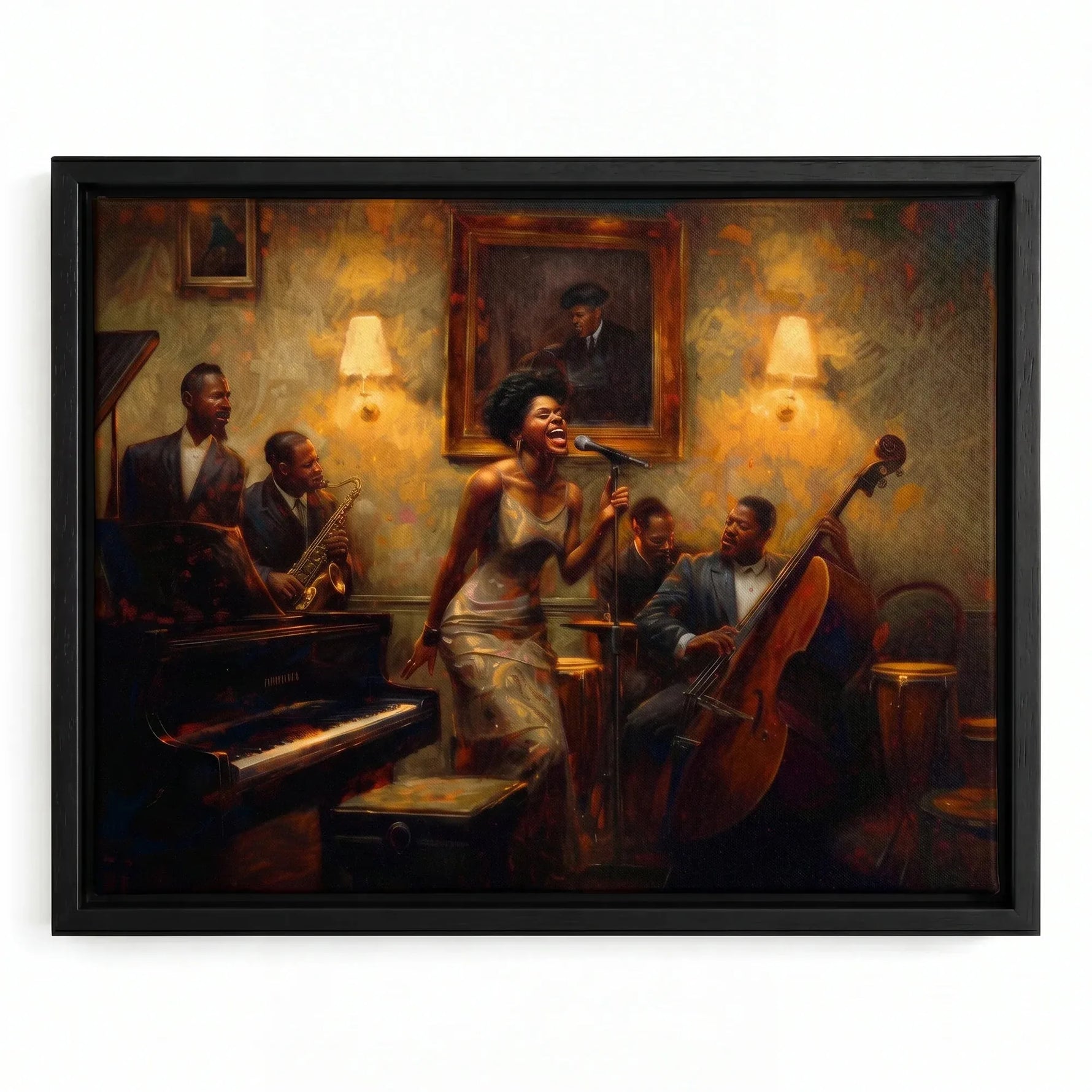 Harlem Renaissance art in a black floating frame, oil painting of a jazz singer at the mic with sax, piano and upright bass