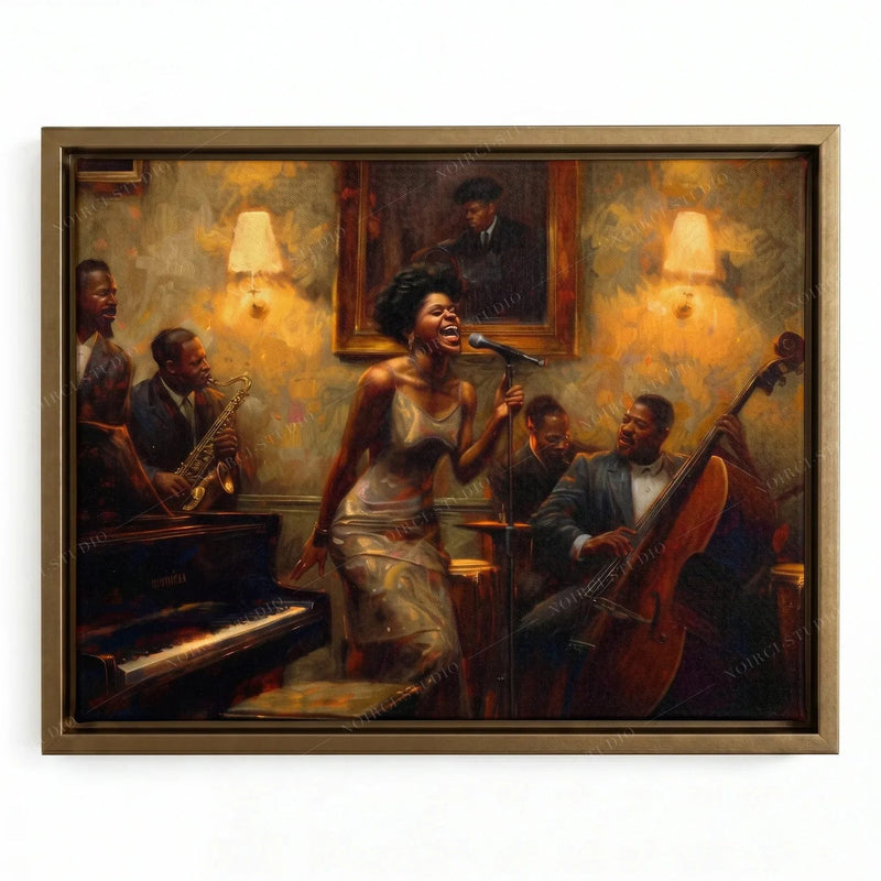 Jazz club oil painting in a gold floating frame, vintage Black songstress under warm lamplight with her band