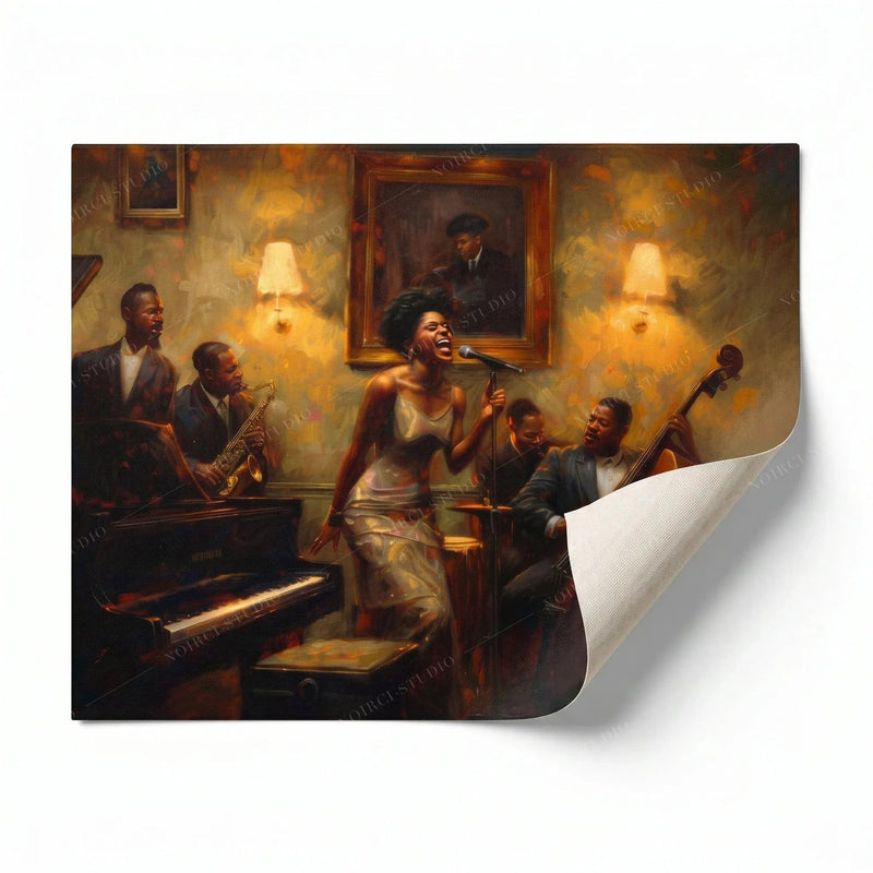 Rolled canvas print of a Harlem jazz singer and band, curled corner showing, ready for custom framing