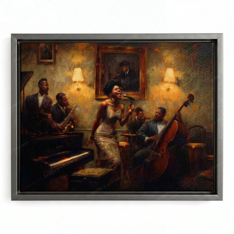 Blues wall art in a silver floating frame, moody oil painting of a jazz singer and musicians in a lamplit club