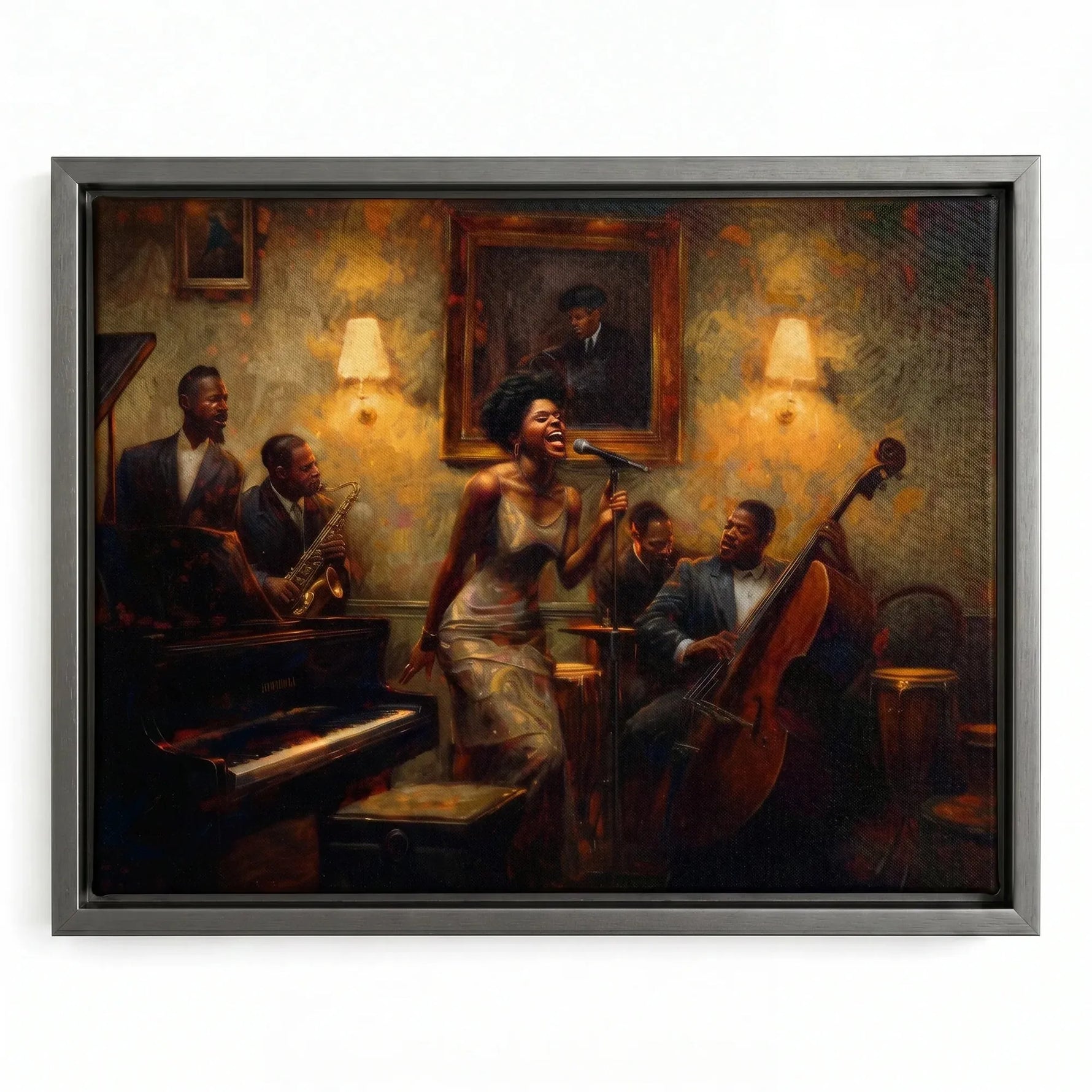 Blues wall art in a silver floating frame, moody oil painting of a jazz singer and musicians in a lamplit club