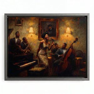 Blues wall art in a silver floating frame, moody oil painting of a jazz singer and musicians in a lamplit club