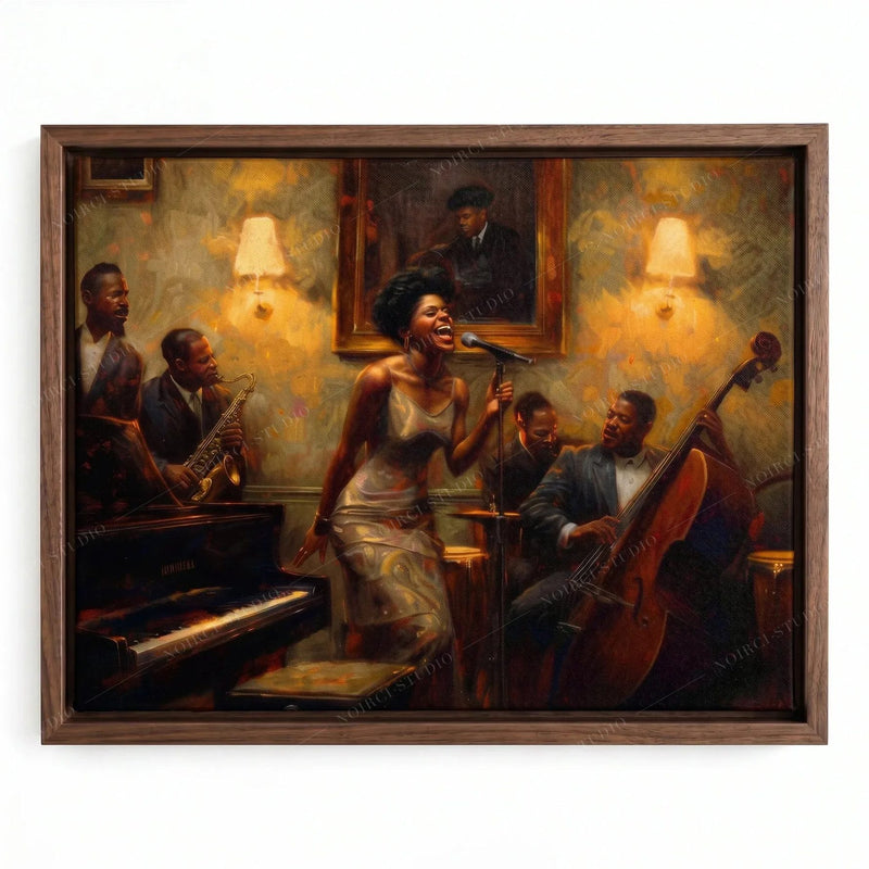 Harlem Renaissance artwork in a walnut floating frame, Black jazz singer in a satin gown backed by sax and bass players