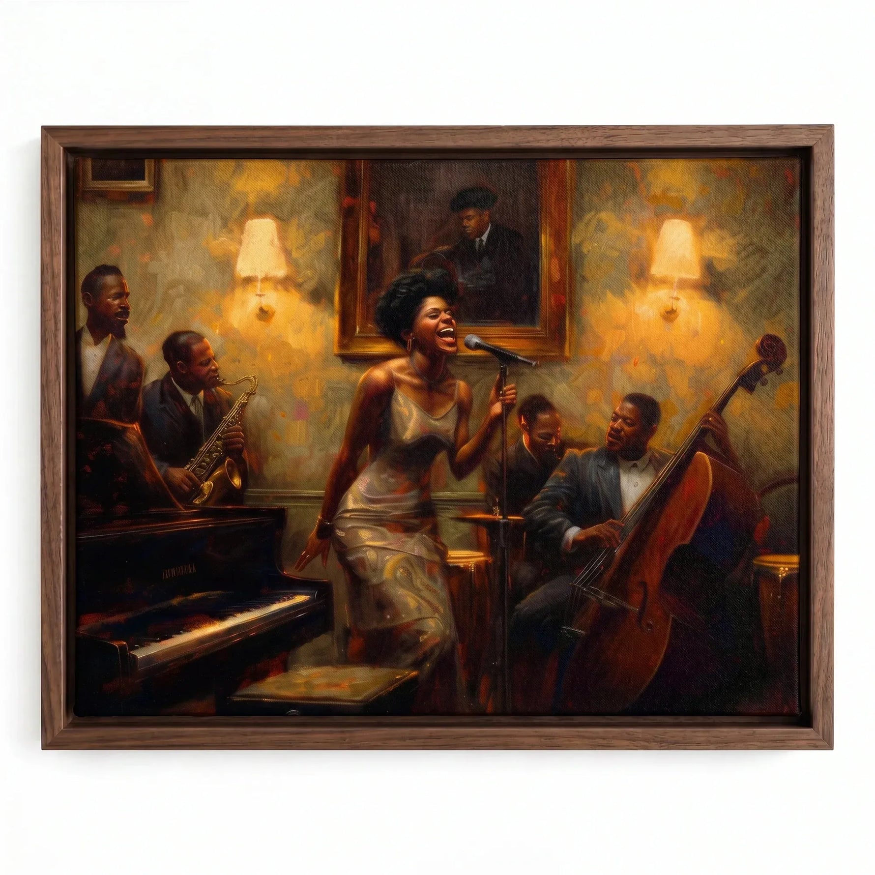 Harlem Renaissance artwork in a walnut floating frame, Black jazz singer in a satin gown backed by sax and bass players