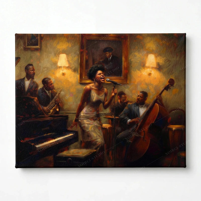 Stretched canvas of a vintage jazz club scene, gallery wrapped and ready to hang, singer and band under glowing sconces
