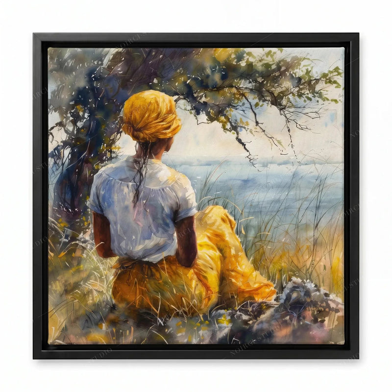 Gathering Tree art in a black floating frame, Black woman gazing at the water from a grassy bluff