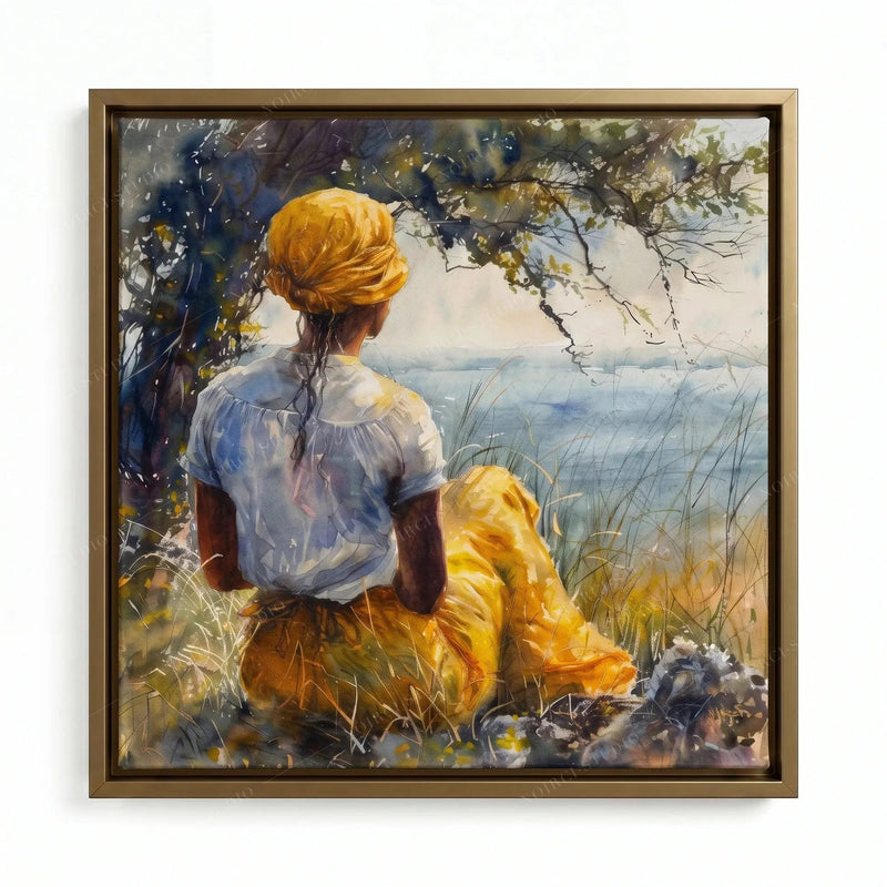 Black woman wall art in a gold floating frame, watercolor of a quiet moment beside tall marsh grass