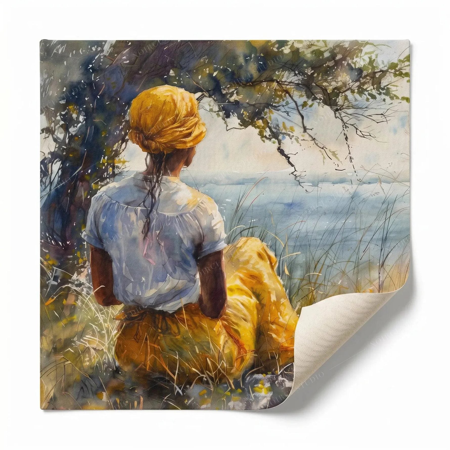 Rolled canvas print of a Gullah woman by the shore, ready for custom framing