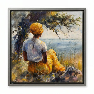 African American art in a silver floating frame, woman in a headwrap watching the tide from the shade of a tree