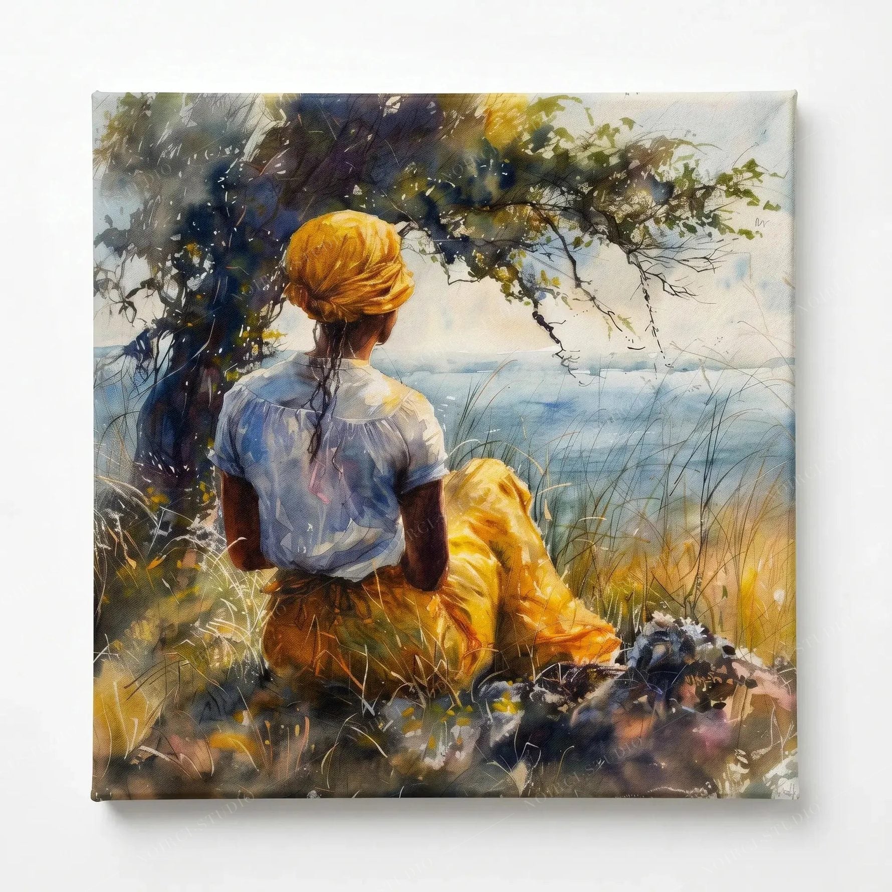 Stretched canvas, ready to hang, watercolor of a seated woman under a bent oak overlooking calm water