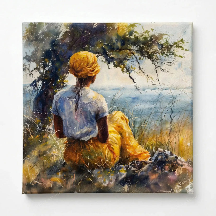 Stretched canvas, ready to hang, watercolor of a seated woman under a bent oak overlooking calm water