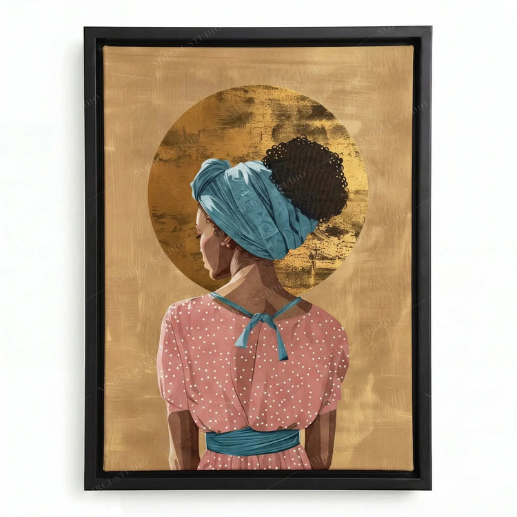 Black woman crown art in a black floating frame, teal headwrap and pink polka dot dress against a gold circle halo