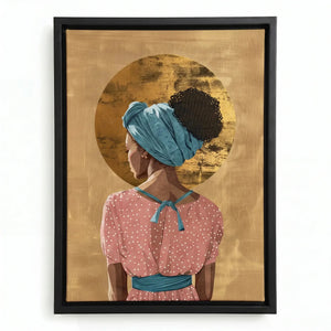 Black woman crown art in a black floating frame, teal headwrap and pink polka dot dress against a gold circle halo