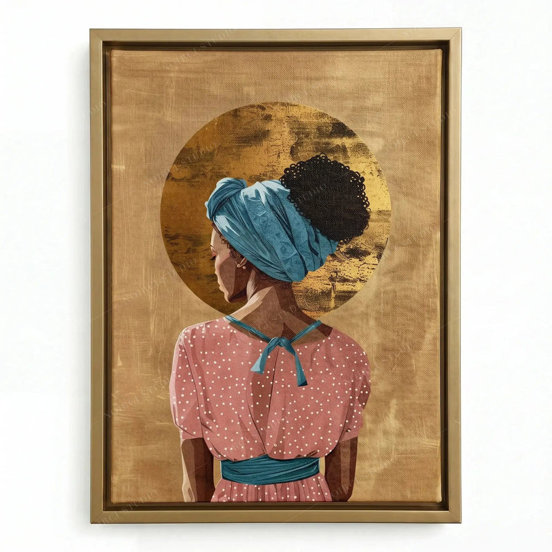 Black boho wall decor in a gold floating frame, woman in a pink dot dress and teal sash with a gold leaf halo
