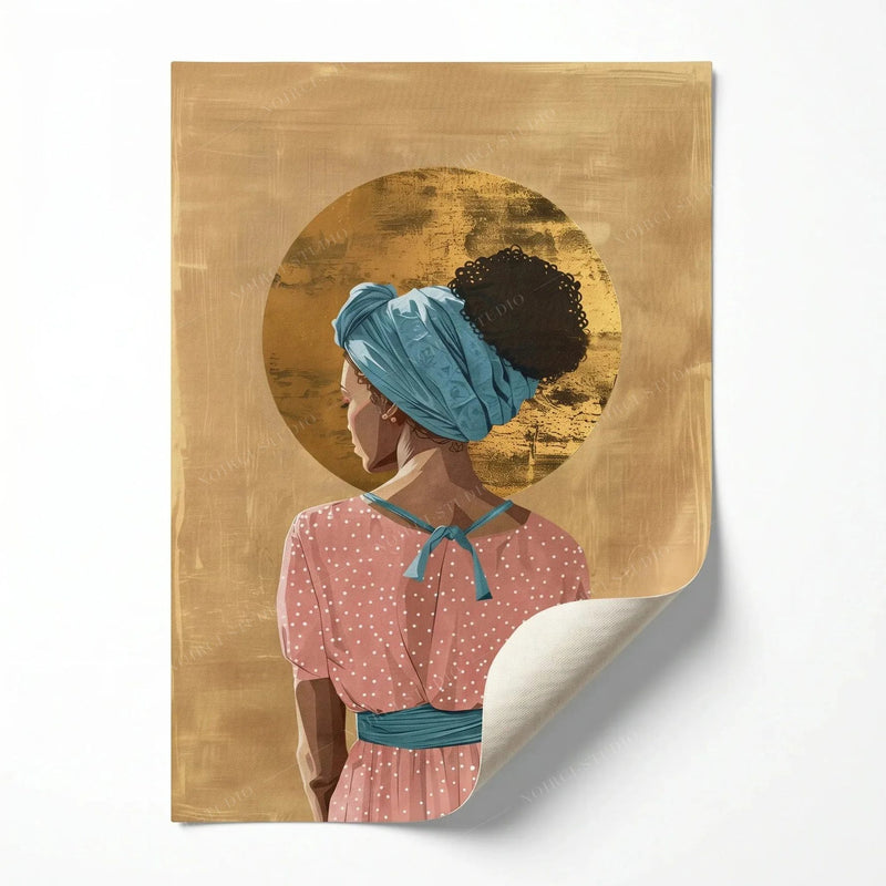 Rolled canvas print with curled corner, teal headwrap woman with gold halo, ready for custom framing