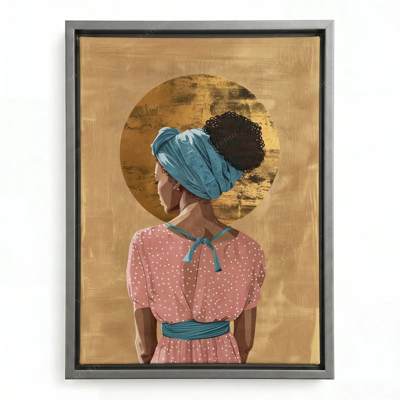 Afro boho decor in a silver floating frame, Black woman in a teal headwrap crowned by a gold circle