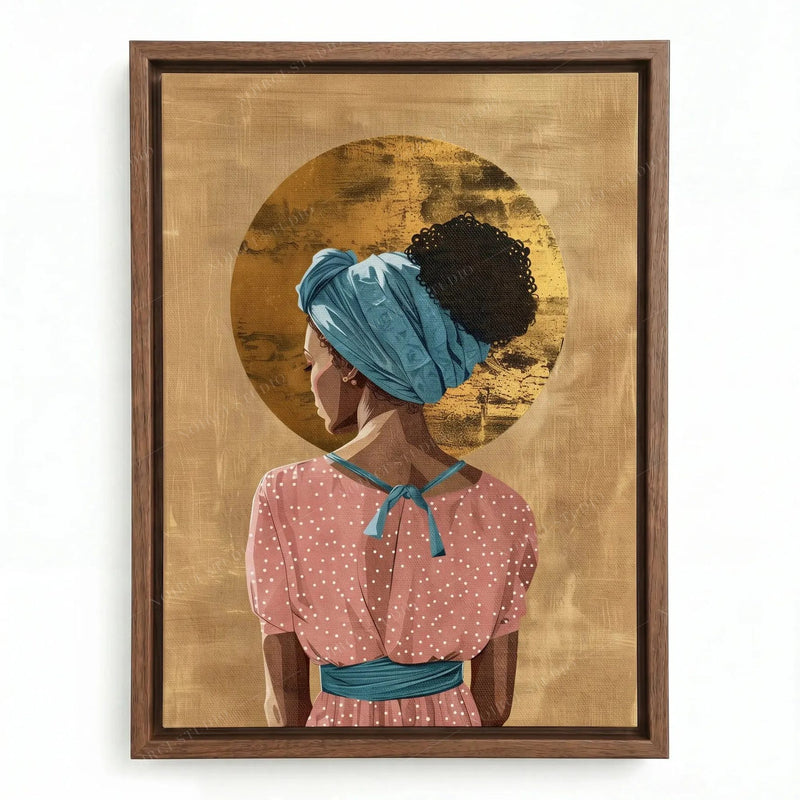 Afro bohemian decor in a walnut floating frame, Black woman with an afro puff and teal headwrap before a gold halo