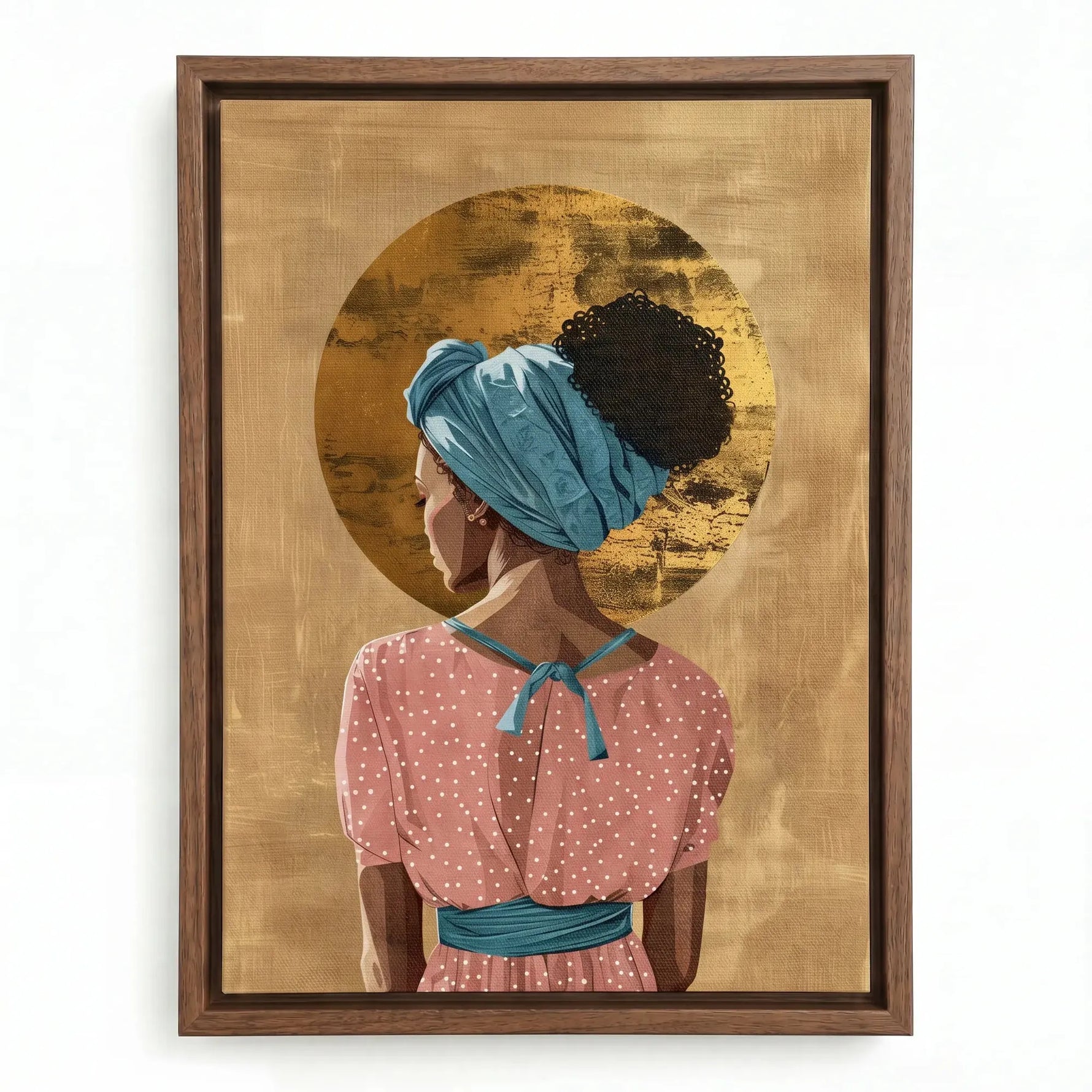 Afro bohemian decor in a walnut floating frame, Black woman with an afro puff and teal headwrap before a gold halo