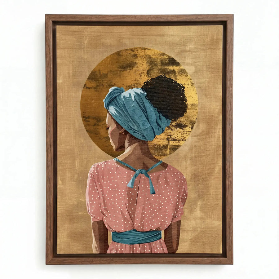 Afro bohemian decor in a walnut floating frame, Black woman with an afro puff and teal headwrap before a gold halo