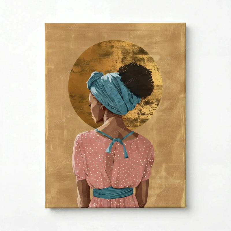 Stretched canvas, ready to hang, Black woman in a teal headwrap with a gold halo crown