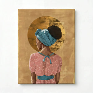 Stretched canvas, ready to hang, Black woman in a teal headwrap with a gold halo crown
