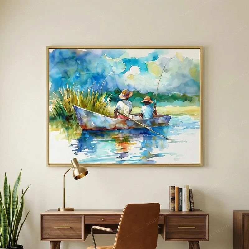 African American art for a home office, gold-framed fishing watercolor above a walnut desk with a brass lamp