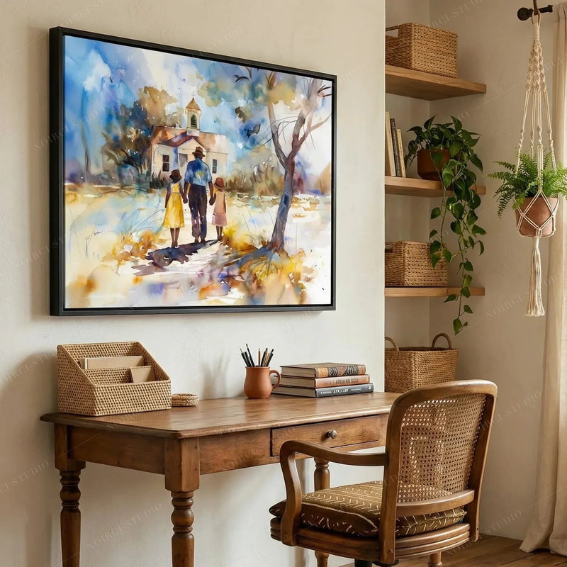 African American art for a home office, church watercolor above a farmhouse desk with a cane-back chair