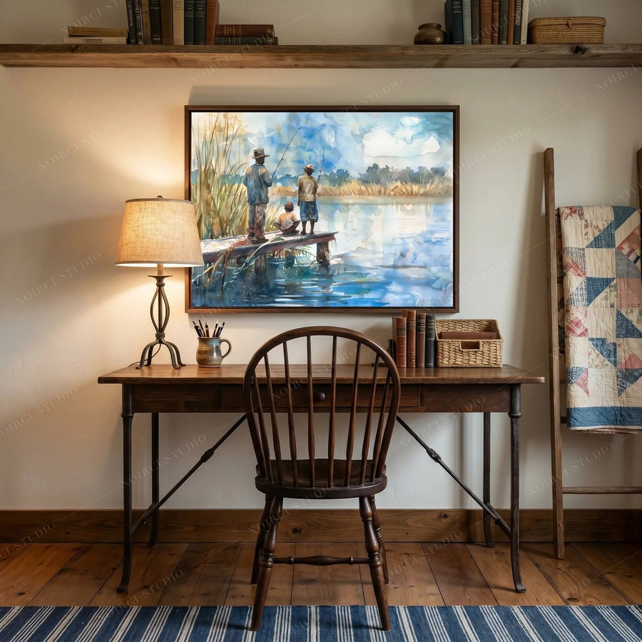 African American art for a home office, dock watercolor above an antique desk with a spindle-back chair