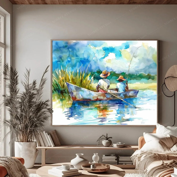 Gullah Geechee wall art in a coastal living room with pampas grass, watercolor of two boys fishing from a marsh boat
