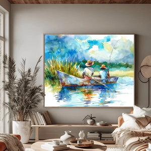 Gullah Geechee wall art in a coastal living room with pampas grass, watercolor of two boys fishing from a marsh boat