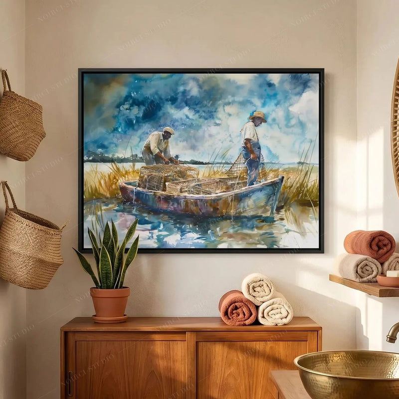 Black bathroom wall art, marsh crabbing watercolor above a teak cabinet with rolled towels and a brass basin