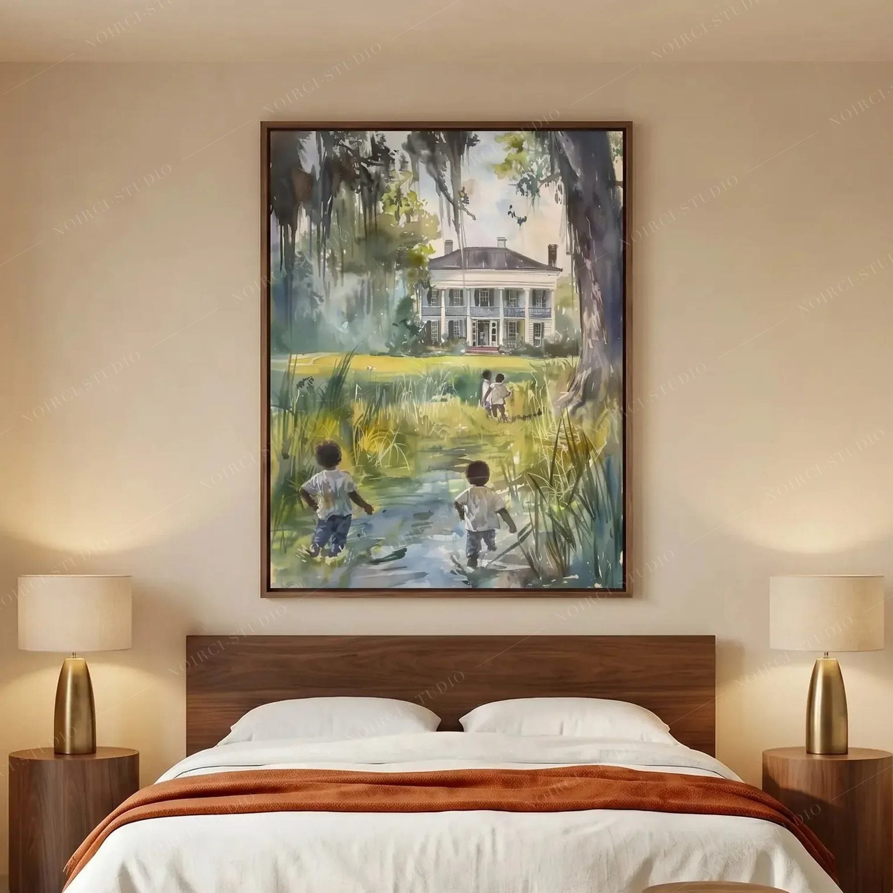 African American art for the bedroom, walnut-framed watercolor of children walking home above a wood headboard