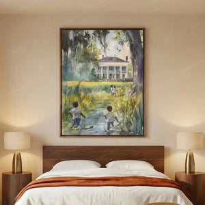 African American art for the bedroom, walnut-framed watercolor of children walking home above a wood headboard