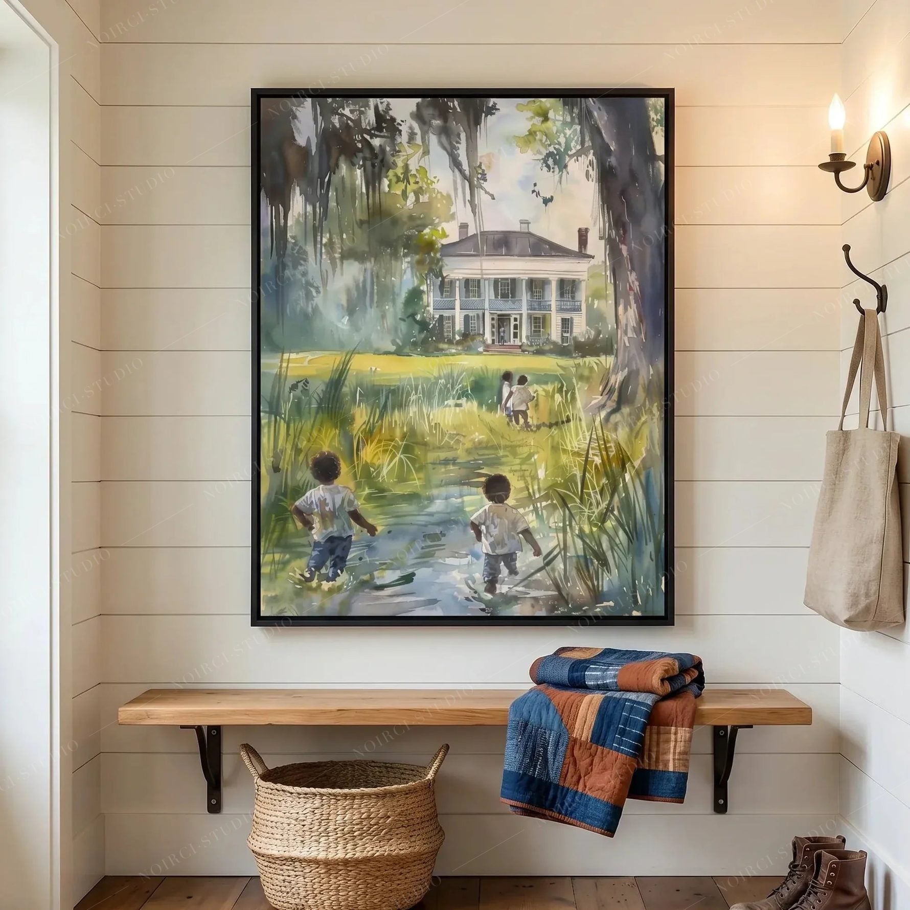 Gullah Geechee wall art in a shiplap entryway, children wading a creek toward a historic white house, black frame