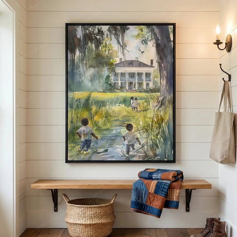 Gullah Geechee wall art in a shiplap entryway, children wading a creek toward a historic white house, black frame