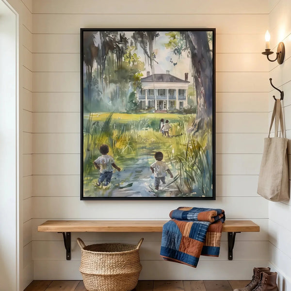 Gullah Geechee wall art in a shiplap entryway, children wading a creek toward a historic white house, black frame