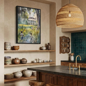 Black kitchen wall art, children in a lowcountry meadow watercolor beside open shelves and a woven pendant