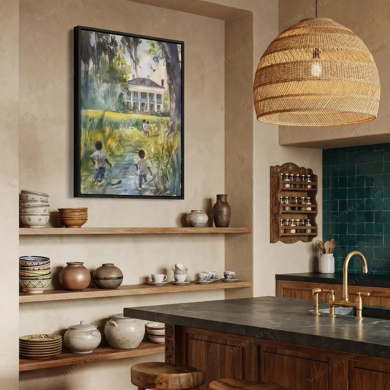 Black kitchen wall art, children in a lowcountry meadow watercolor beside open shelves and a woven pendant
