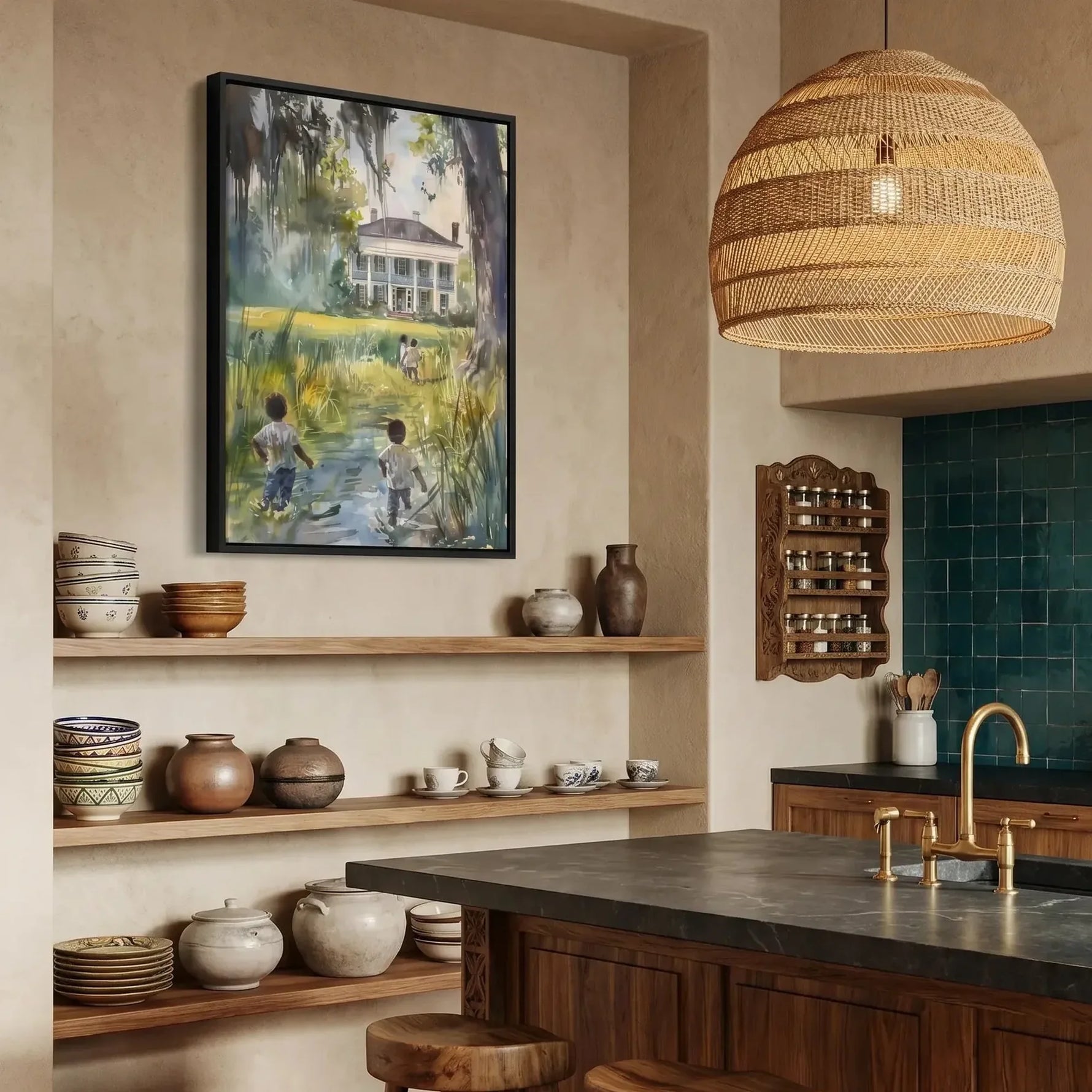 Black kitchen wall art, children in a lowcountry meadow watercolor beside open shelves and a woven pendant