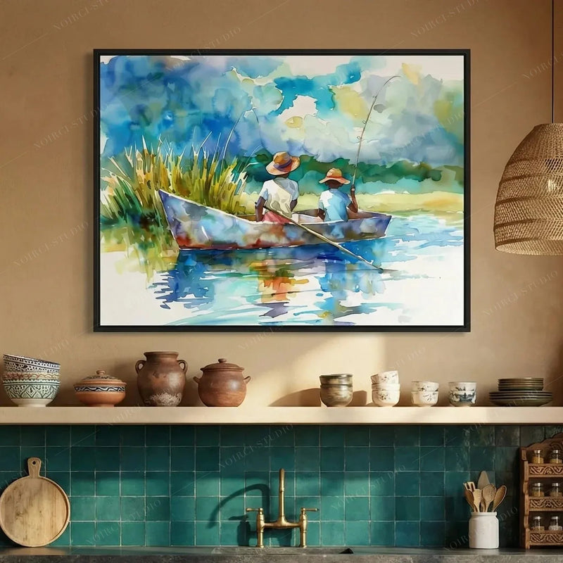 Southern kitchen art above teal tile and a brass faucet, watercolor of two boys fishing from their boat