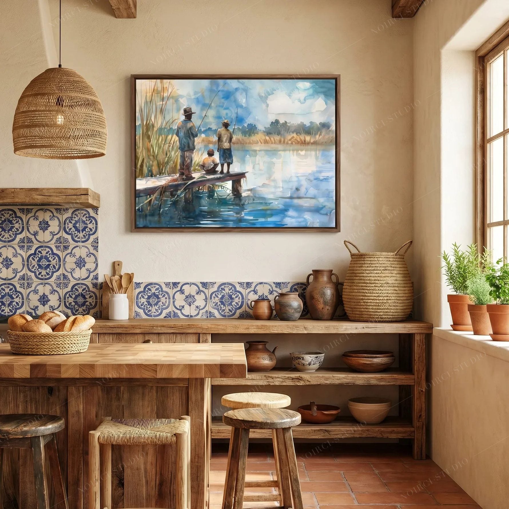 Black kitchen wall art, marsh fishing watercolor above blue Spanish tile with a woven basket pendant