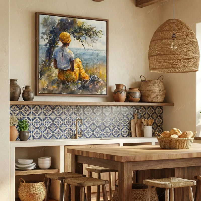 Black kitchen wall art, Gullah watercolor above blue patterned tile with clay pots and a rattan pendant