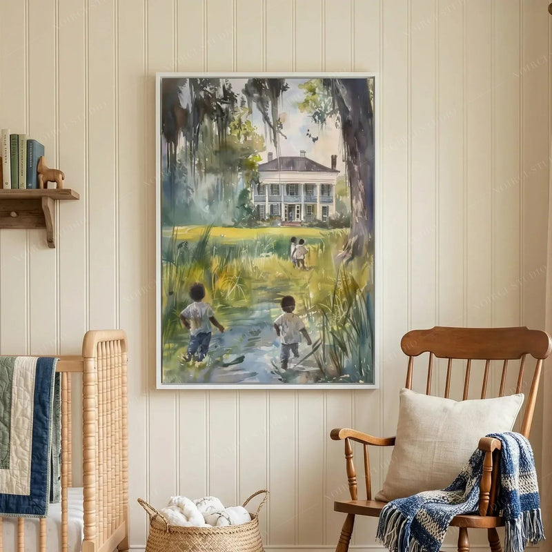 Black art for kids' rooms, marsh creek watercolor in a vintage nursery with a wicker crib and wooden rocker