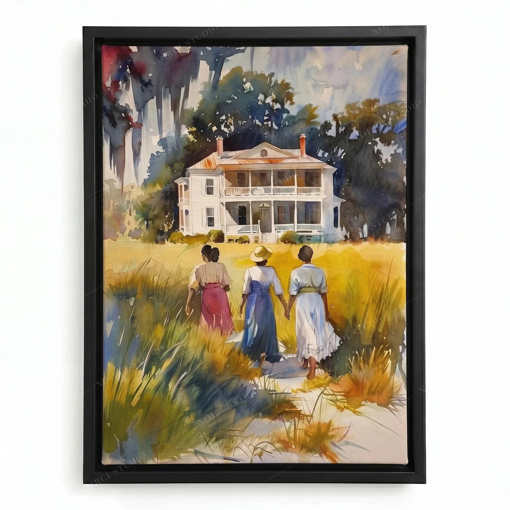 Gullah Geechee wall art in a black floating frame, three women walking a sandy path through golden marsh grass