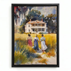 Gullah Geechee wall art in a black floating frame, three women walking a sandy path through golden marsh grass