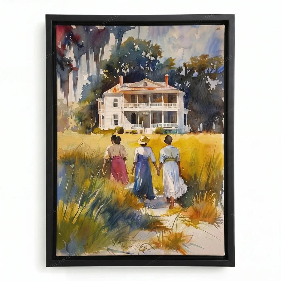 Gullah Geechee wall art in a black floating frame, three women walking a sandy path through golden marsh grass