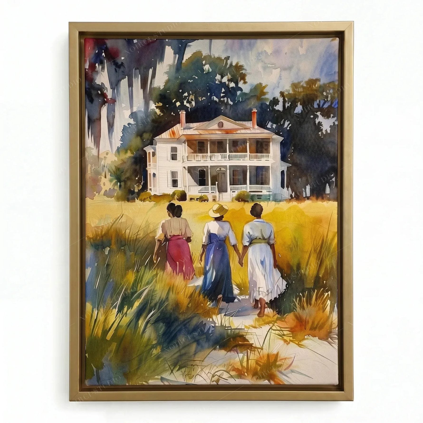 Gullah Geechee painting in a gold floating frame, three sisters hand in hand in a South Carolina sweetgrass field