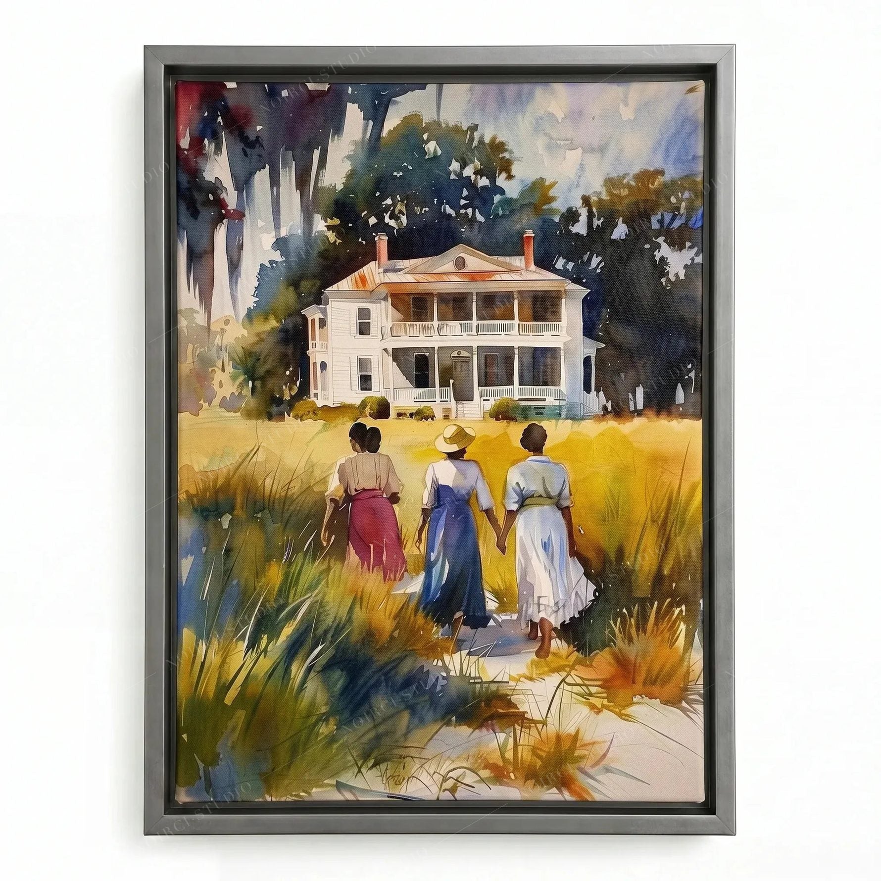 Lowcountry art in a silver floating frame, watercolor of Black women walking toward a historic white house