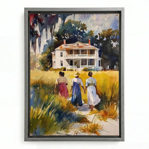 Lowcountry art in a silver floating frame, watercolor of Black women walking toward a historic white house